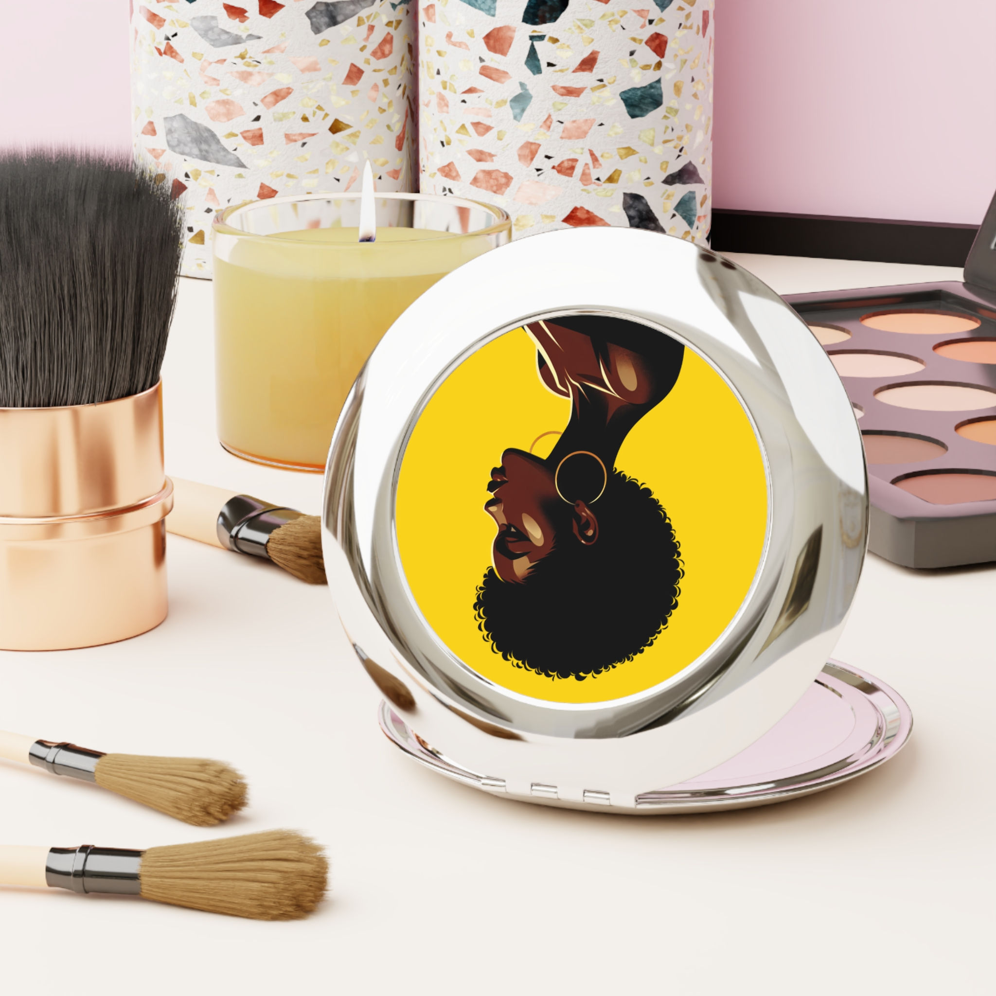 Compact Travel Mirror with Afro Woman Design - Stylish, Portable, Yellow