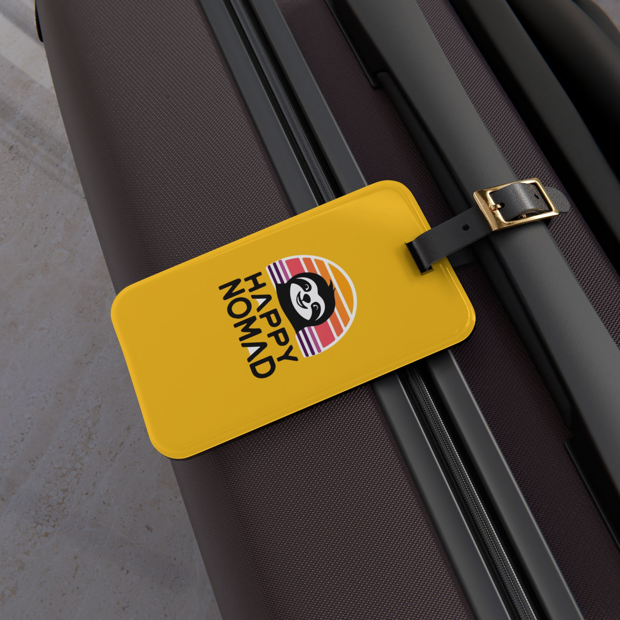 Travel Luggage Tag - Happy Nomad Wanderlust Design (Yellow)