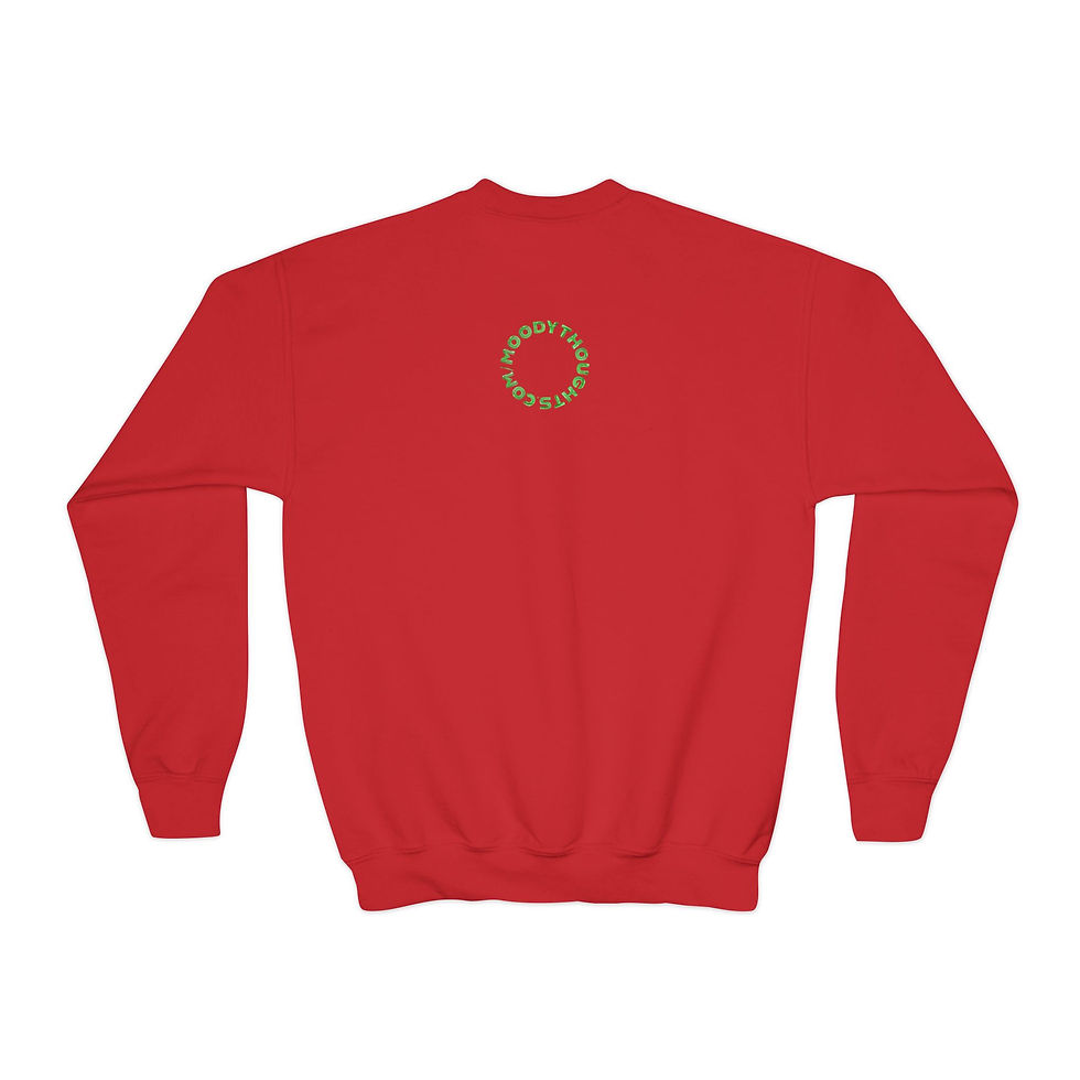Thumbnail: Red Merry Christmas Penguins Youth Kids Unisex Long Sleeve Sweatshirt the Back has Moody Thoughts