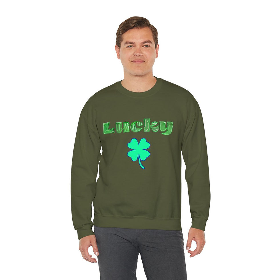 Thumbnail: Military Green Lucky Shamrock with Green Letters Adult Unisex Crewneck Sweatshirt featuring a Green and Blue Shamrock