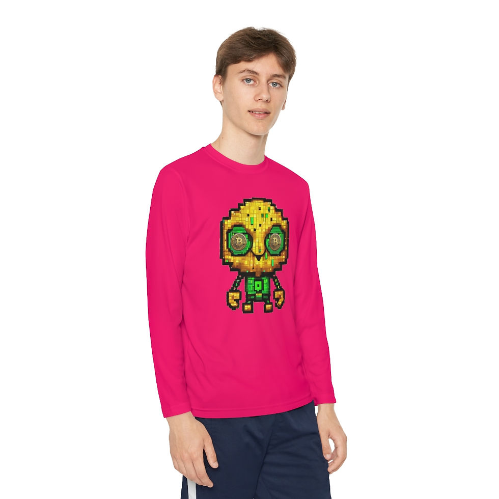 Thumbnail: Pink Raspberry BTC Bot (Bitcoin Bot) Youth Kid's Unisex Long Sleeve Shirt/ Tee/ T-shirt Features BTC Robot w/ BTC Coin Eyes