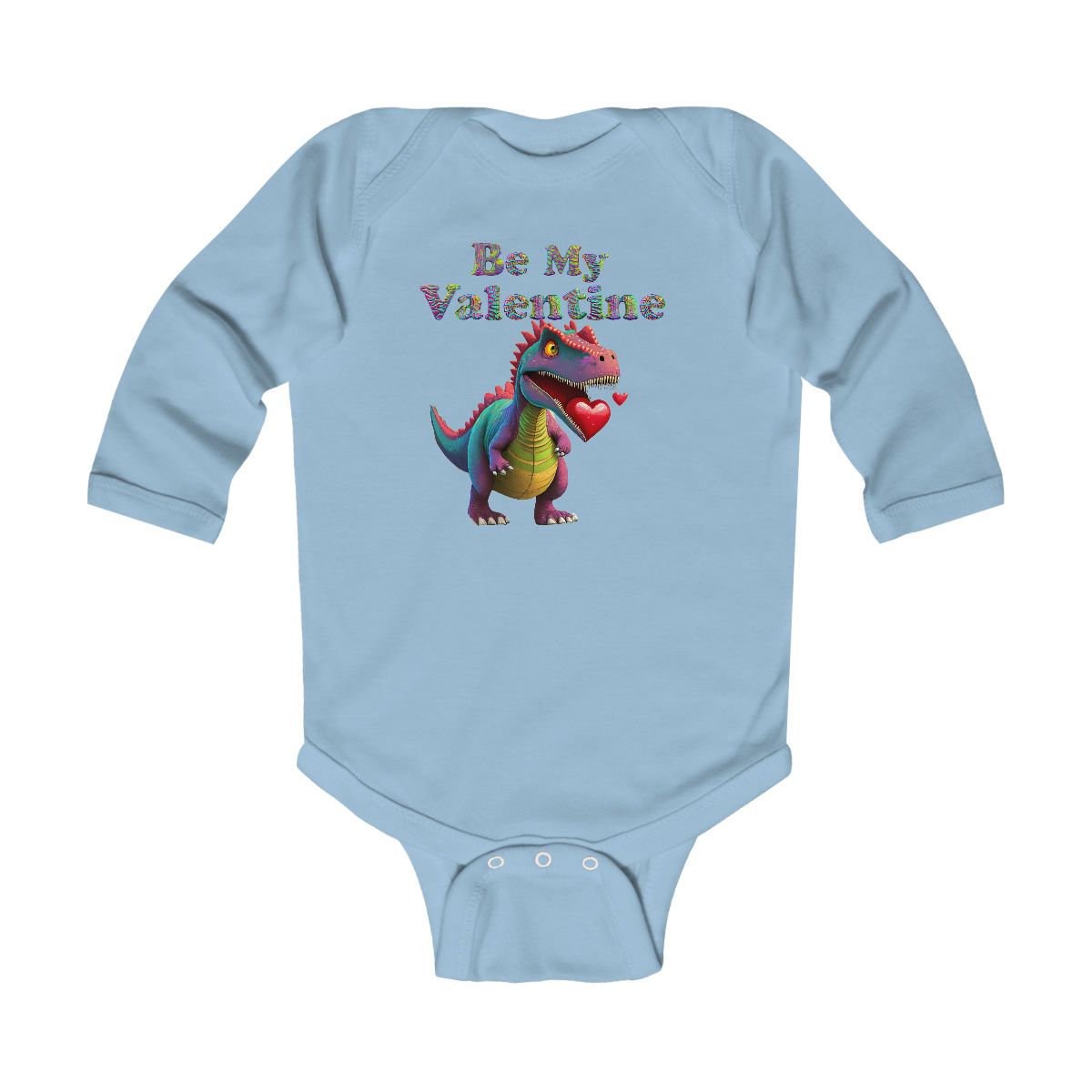 Light Blue Be My Valentine Dinosaur Infant Onesie has a neon dinosaur with a heart in his mouth and dinosaur skin letters.