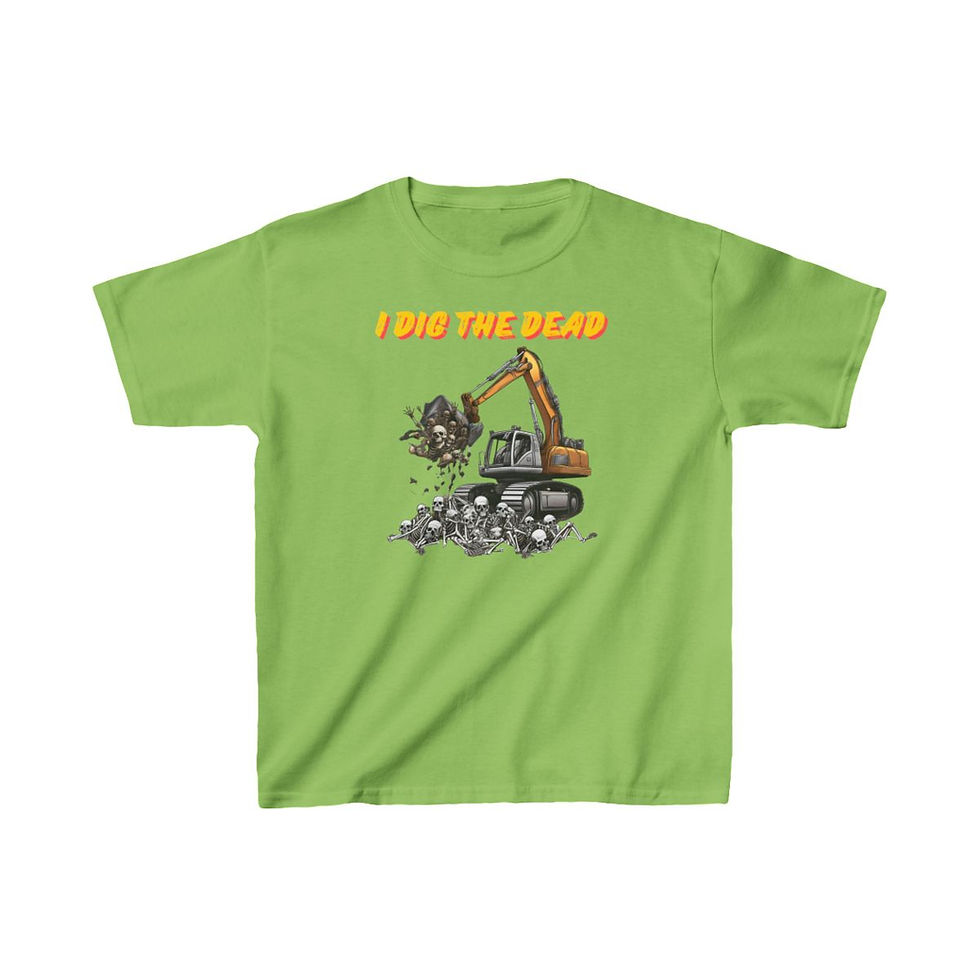 Thumbnail: Lime Green I Dig The Dead Kids Short Sleeve Halloween Tee/ Shirt/ T-shirt Features an Excavator Digging Skeletons