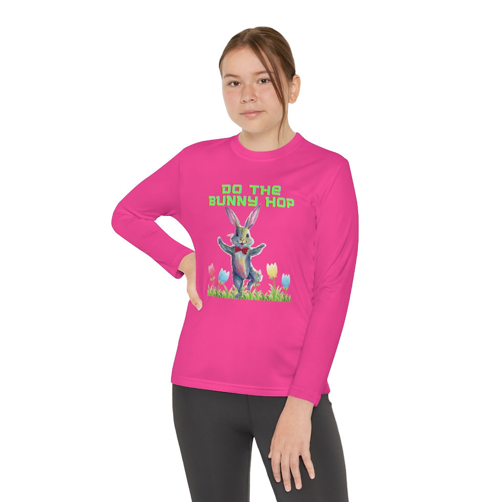 Thumbnail: Neon Pink Do the Bunny Hop Easter Bunny Youth Kid's Long Sleeve Shirt Features the Easter Bunny Dancing in a Field of Tulips