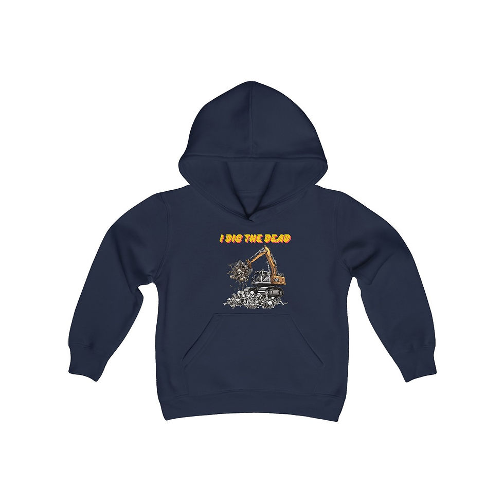 Thumbnail: Navy Blue I Dig The Dead Youth Kids Halloween Hooded Sweatshirt/ Halloween Hoodie Features an Excavator Digging Skeletons