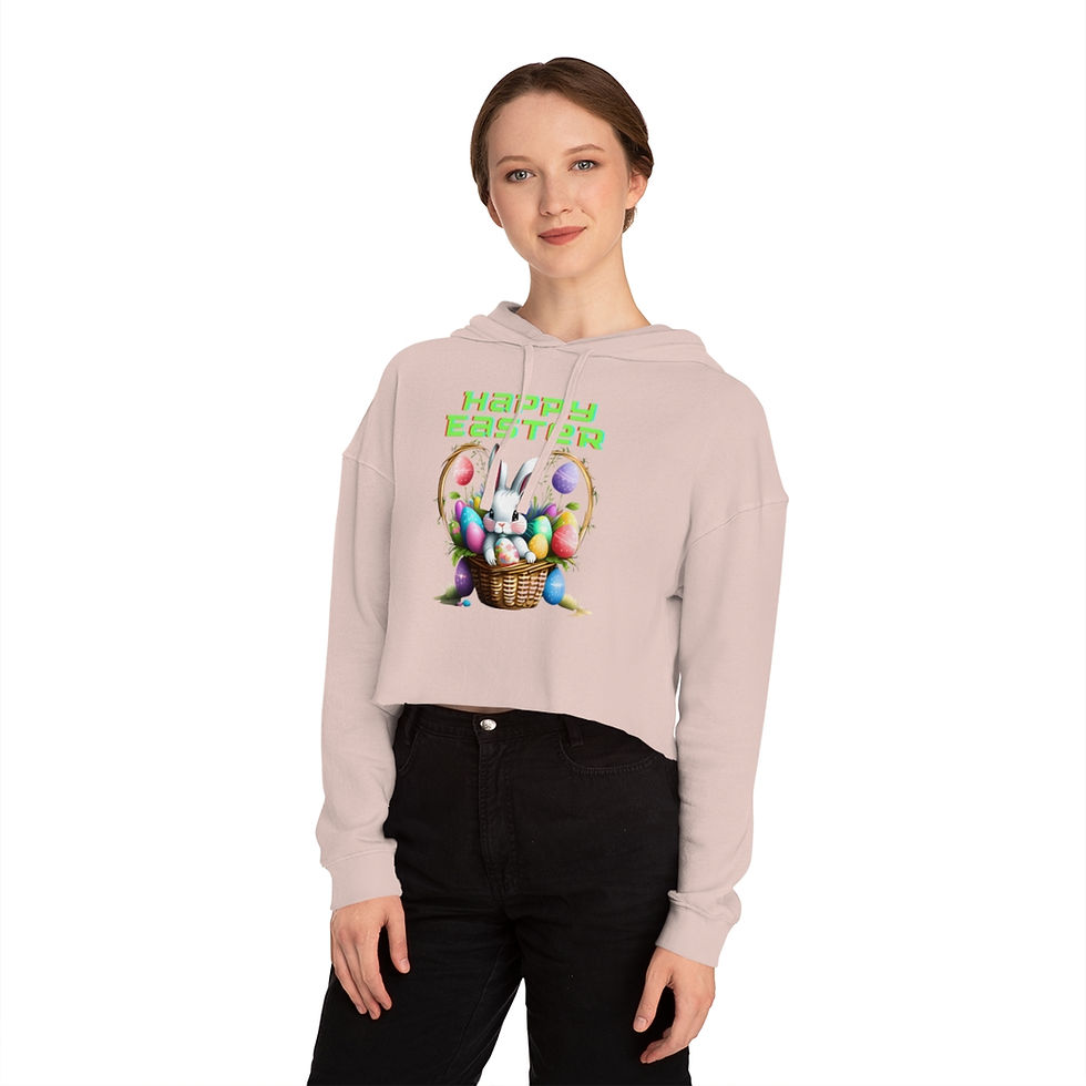 Thumbnail: Blush Pink Happy Easter Bunny Basket Women's Cropped Sweatshirt/Hoodie has Bunny In a Basket Full Of Painted Easter Eggs