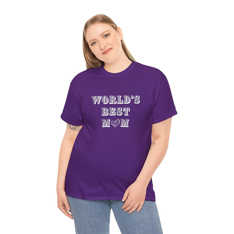 Thumbnail: Purple World's Best Mom White Heart Adult Cotton Short Sleeve Shirt/ Tee Featuring a White Heart & Letters that Pop