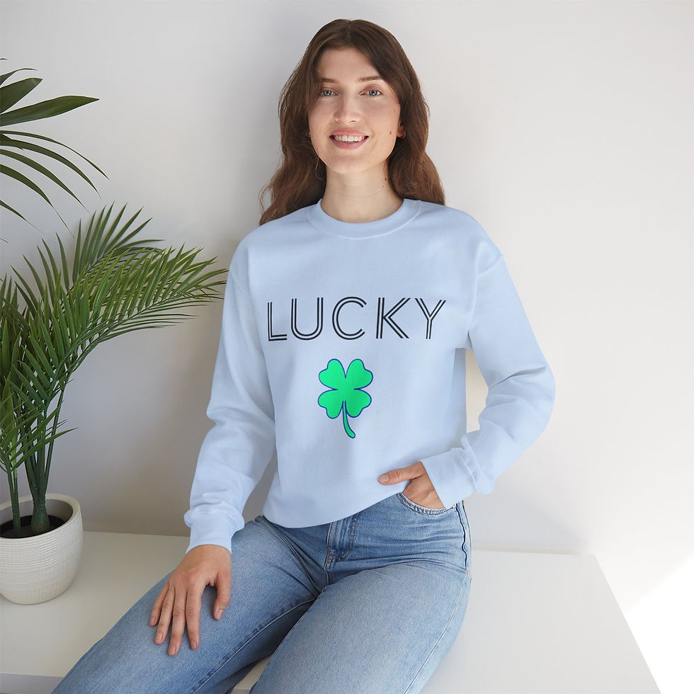Thumbnail: Light Blue Lucky Shamrock Adult Unisex Crewneck Sweatshirt Featuring a Green and Blue Shamrock Design with Black Letters