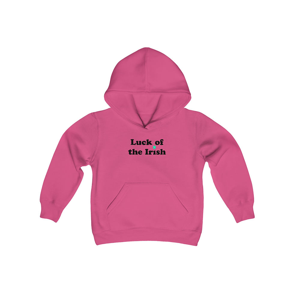 Thumbnail: Heliconia Pink Luck of the Irish 2 Youth Kid's Unisex Hoodie with a Blue & Green Clover and Wide Black Letters.