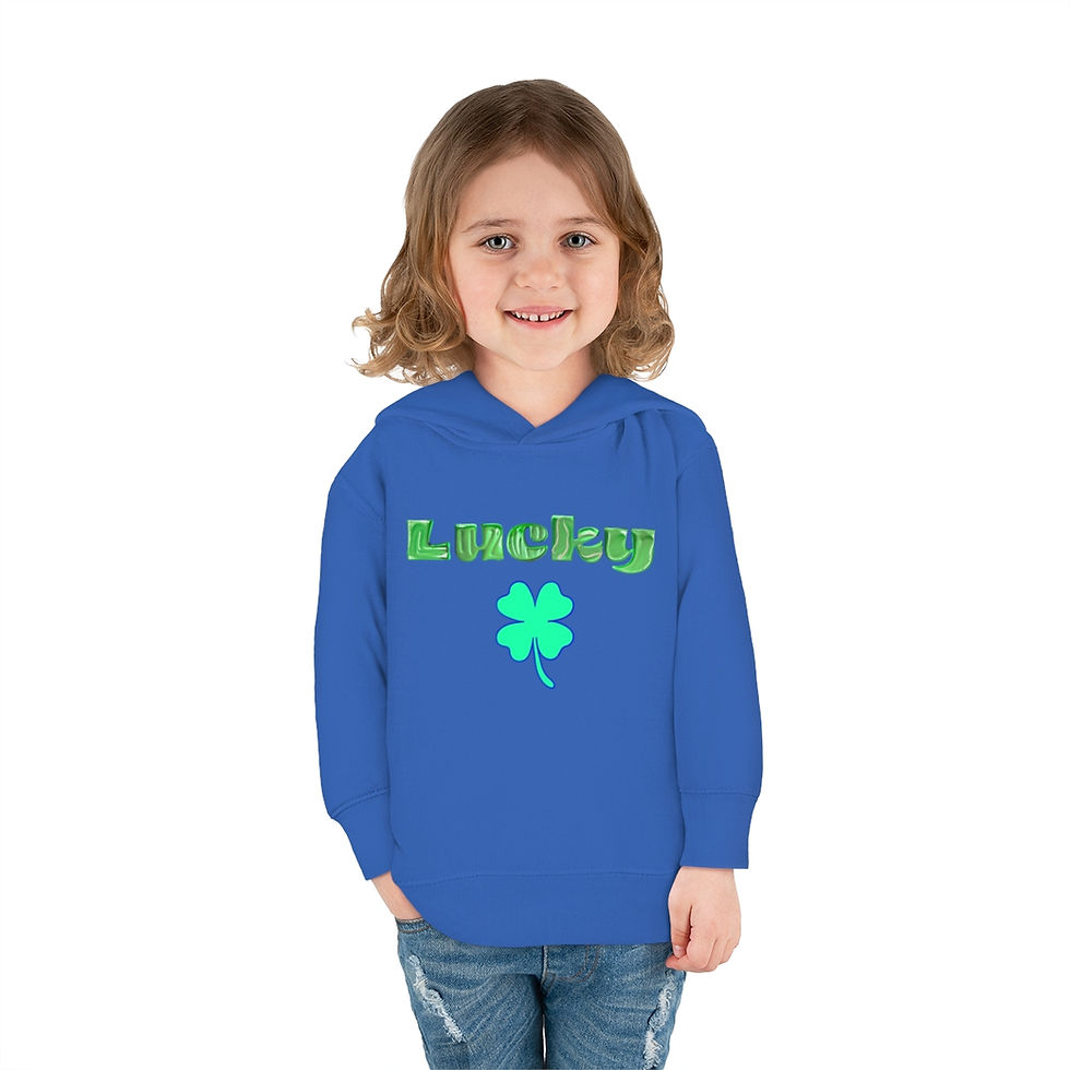 Thumbnail: Vintage Royal Blue Lucky Shamrock with Green Letters Toddler Unisex Fleece Hoodie Featuring a Green & Blue Shamrock Design