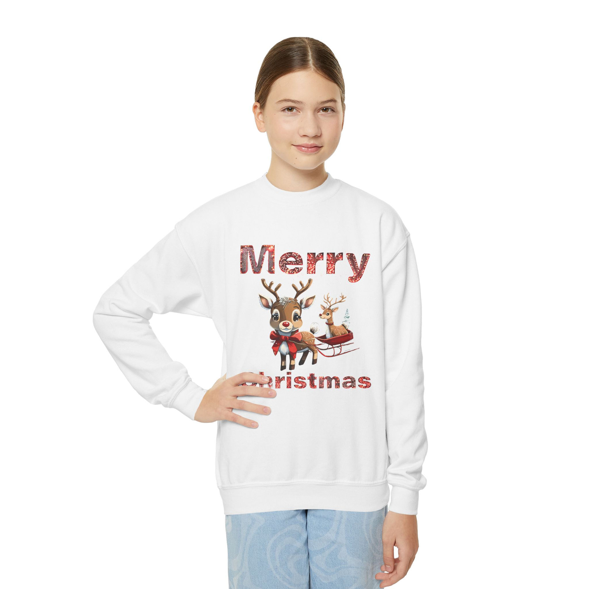 White Merry Christmas Reindeer Youth Kids Unisex Long Sleeve Sweatshirt Features Reindeer Pulling a Sleigh and Riding In It