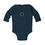 Thumbnail: Navy Blue Merry Christmas Penguins Infant Baby Long Sleeve Bodysuit/ Onesie the Back has Moody Thoughts