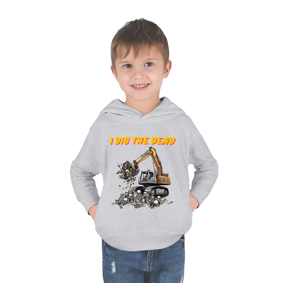 Thumbnail: Heather Grey I Dig The Dead Toddler Halloween Hooded Sweatshirt/ Halloween Hoodie Features an Excavator Digging Skeletons