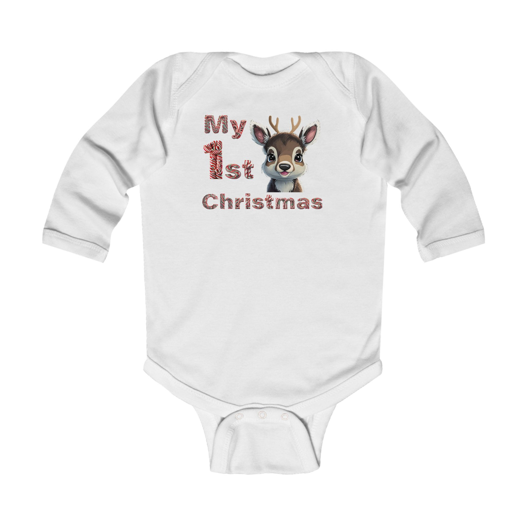 White My 1st Christmas Reindeer Infant Baby Bodysuit/ Onesie Features a Baby Reindeer with our Red Candy Cane Font