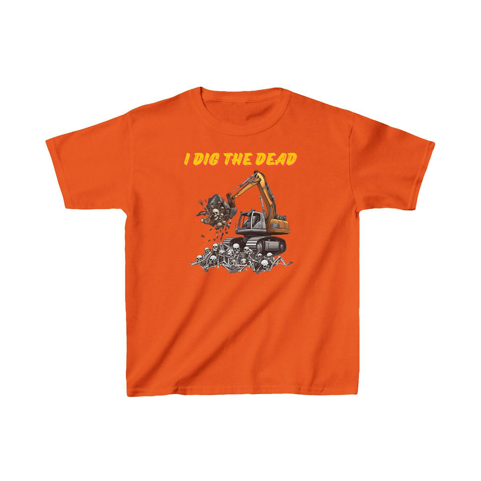 Thumbnail: Orange I Dig The Dead Kids Short Sleeve Halloween Tee/ Shirt/ T-shirt Features an Excavator Digging Skeletons