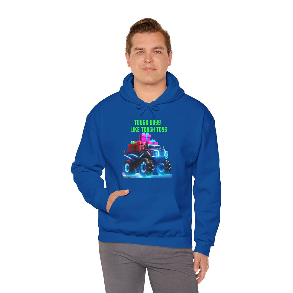 Thumbnail: Tough Boys Like Tough Toys Monster Truck with Elf Adult Unisex Christmas Hoodie