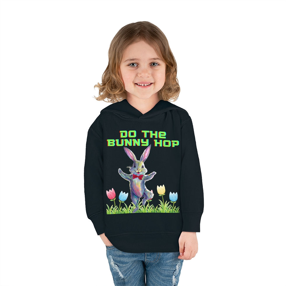 Thumbnail: Black Do the Bunny Hop Easter Bunny Toddler Hoodie Features Easter Bunny Dancing in a Field of Tulips with Green Letters