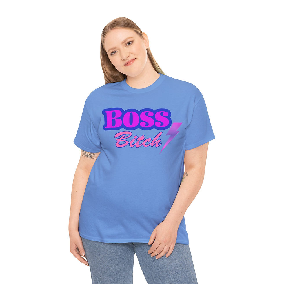 Thumbnail: Carolina Blue Boss Bitch Purple Adult Cotton Short Sleeve Tee/ T-Shirt/ Shirt with Purple & Pink Fonts & Lightning Bolt