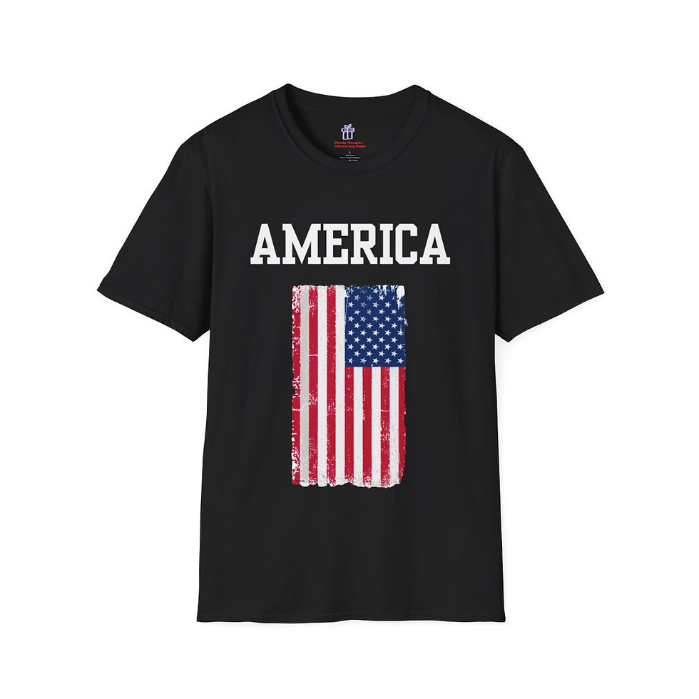 Thumbnail: Black America w/ USA Flag Adult Unisex Softstyle Cotton Short Sleeve Shirt/ Tee/ T-shirt Featuring White Letters