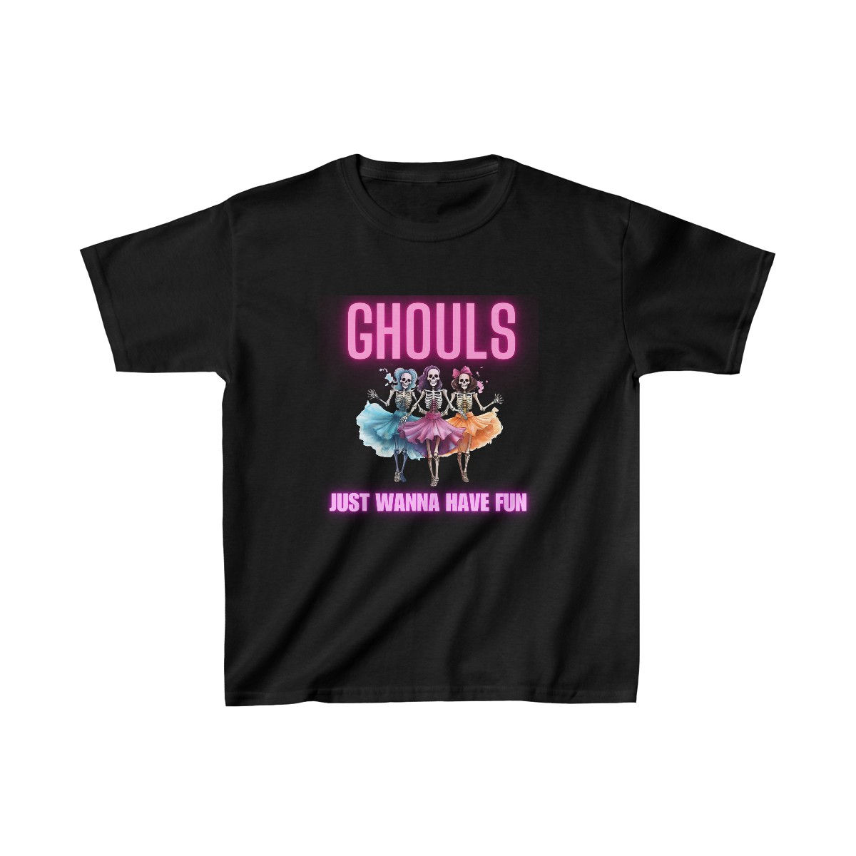 Black Ghouls Just Wanna Have Fun Kids Short Sleeve Halloween Shirt/ Tee/ T-shirt Featuring Neon Font with Dancing Ghouls