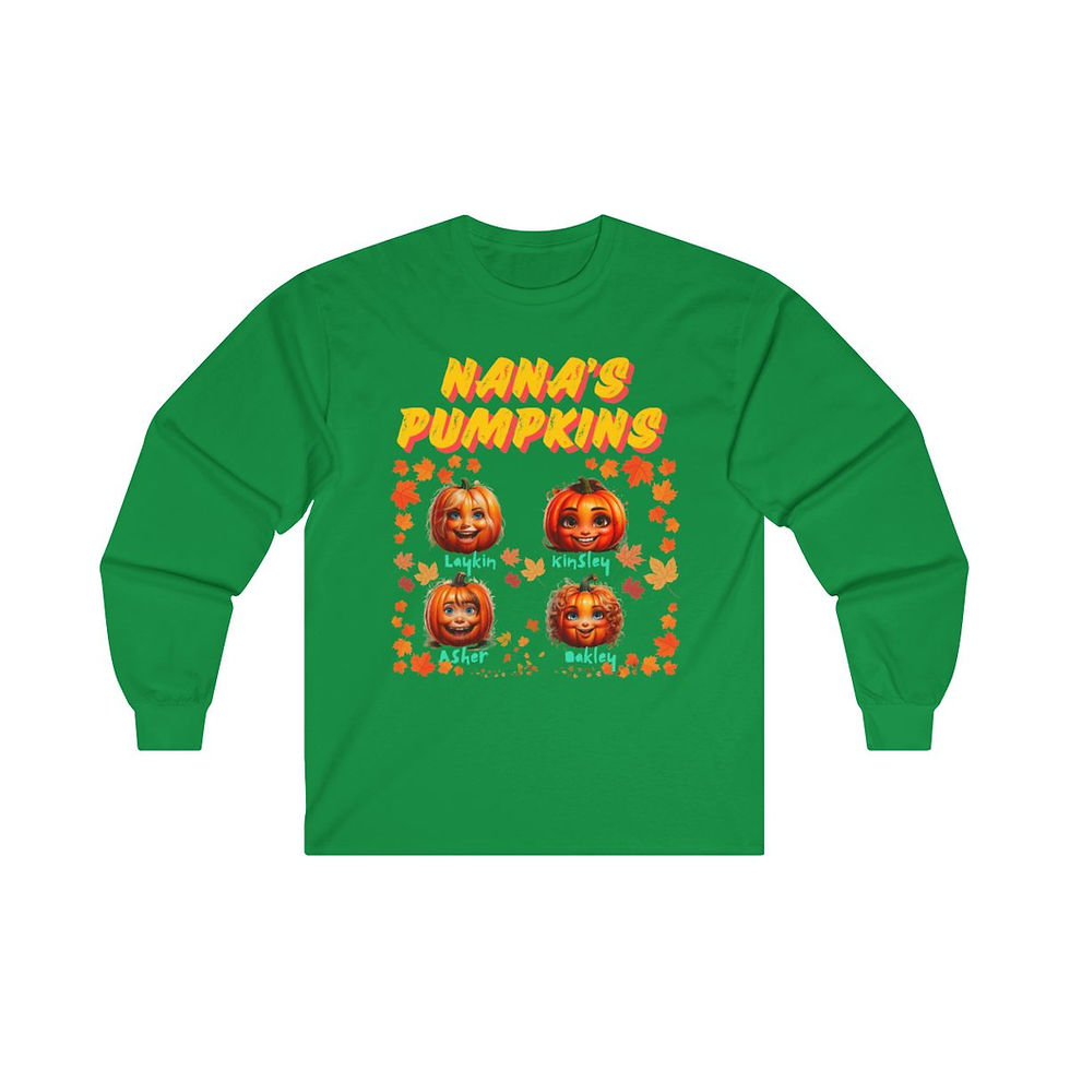 Thumbnail: Irish Green Nana's Pumpkins Adult Long Sleeve Halloween Tee Features Customized Pumpkin Faces Similar to Your Kid's Faces