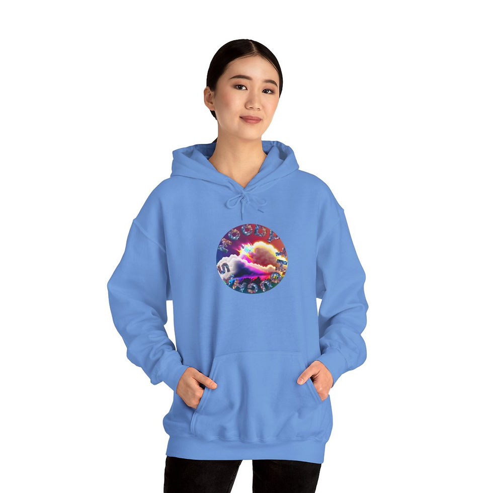 Thumbnail: Carolina Blue Moody Thoughts Storm Clouds Adult Unisex Fleece Hoodie Features Rainbow Storm Clouds with Galaxy Letters