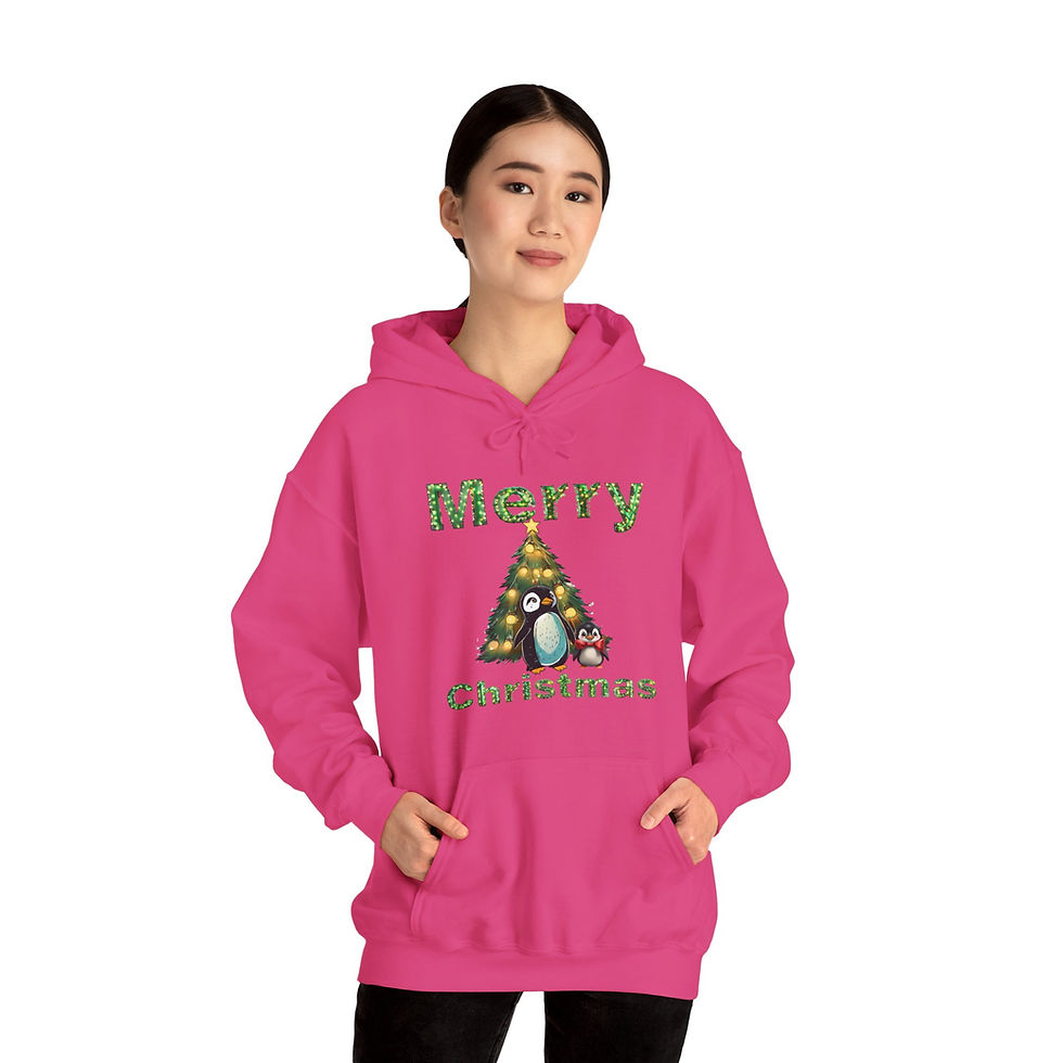 Thumbnail: Heliconia Pink Merry Christmas Penguins Adult Hooded Sweatshirt/ Hoodie Features Penguins Standing in Front of Christmas Tree