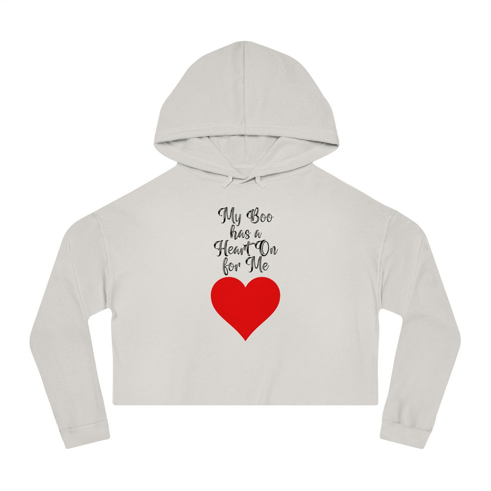 Thumbnail: Bone My Boo has a Heart On For Me Women's Cropped Hooded Sweatshirt/ Hoodie Black Font Style with a Red Heart Graphic.