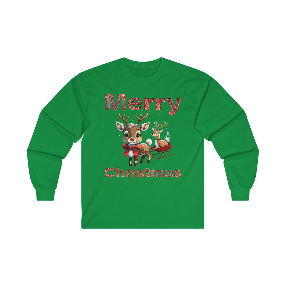 Thumbnail: Irish Green Merry Christmas Reindeer Adult Unisex Long Sleeve Shirt/ Tee Features Reindeer Pulling a Sleigh and Riding In It