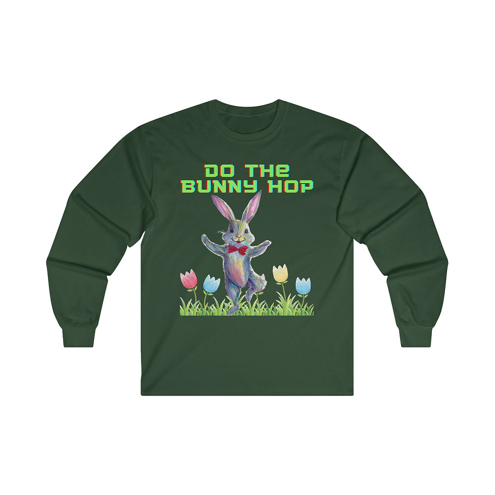 Thumbnail: Forest Green Do The Bunny Hop Easter Bunny Adult Long Sleeve Shirt/ Tee Features Easter Bunny Dancing in a Field of Tulips