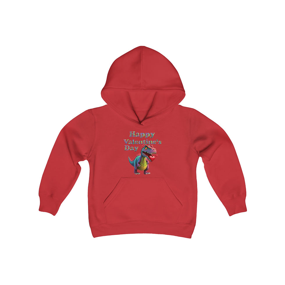 Thumbnail: Red Happy Valentine's Day Dinosaur Youth Kids Hoodie has a neon dinosaur with a heart in his mouth & dino skin letters