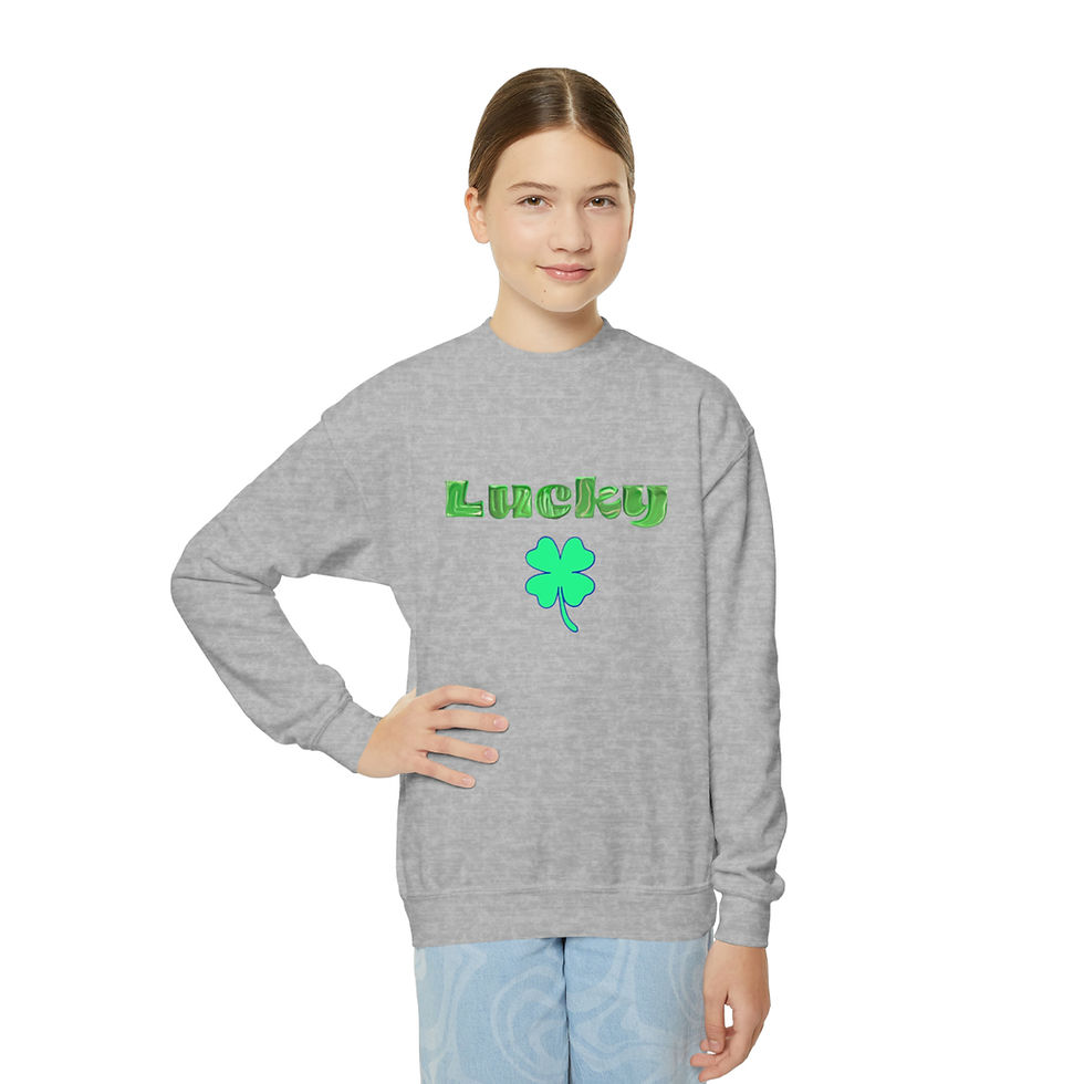 Thumbnail: Sport Grey Lucky Shamrock with Green Letters Youth Kid's Unisex Crewneck Sweatshirt Featuring a Green & Blue Shamrock