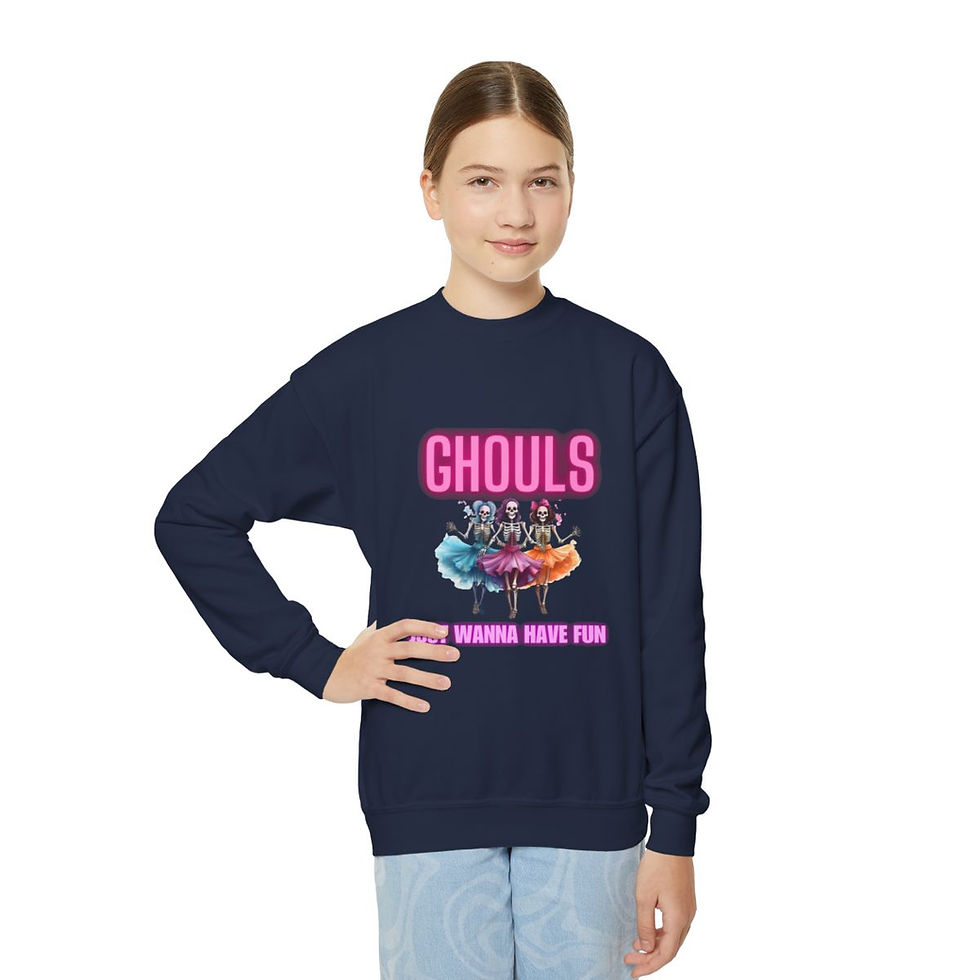 Thumbnail: Navy Blue Ghouls Just Wanna Have Fun Youth Kids Unisex Crewneck Halloween Sweatshirt Features Dancing Ghoul Skeletons
