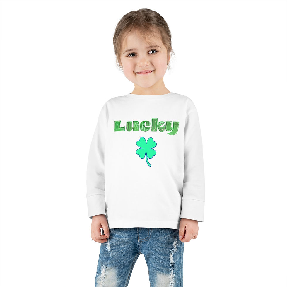 Thumbnail: White Lucky Shamrock with Green Letters Toddler Unisex Long Sleeve Shirt/ T-shirt/ Tee Featuring a Green & Blue Shamrock