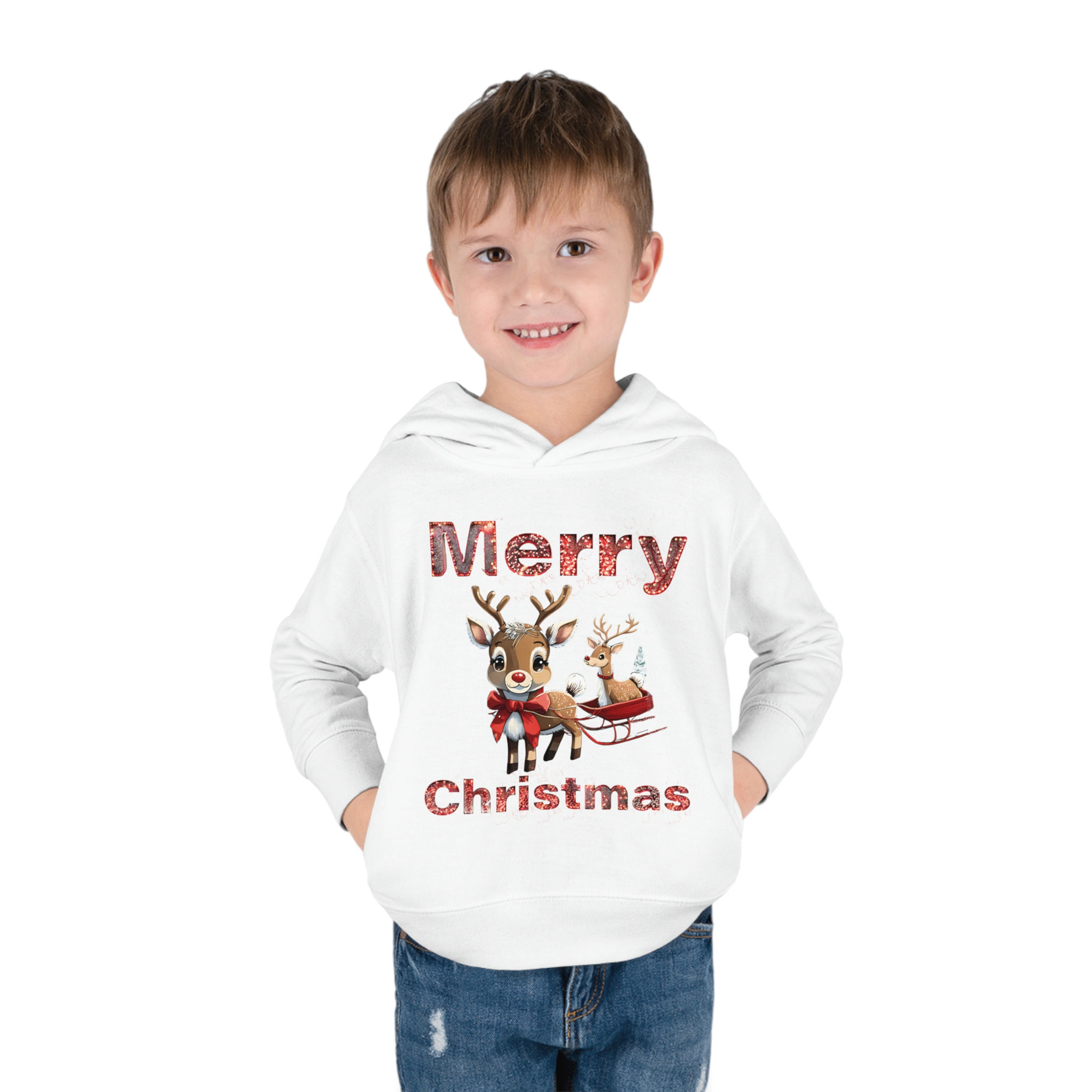 White Merry Christmas Reindeer Toddler Unisex Hooded Sweatshirt/ Hoodie Features Reindeer Pulling a Sleigh & Riding In It
