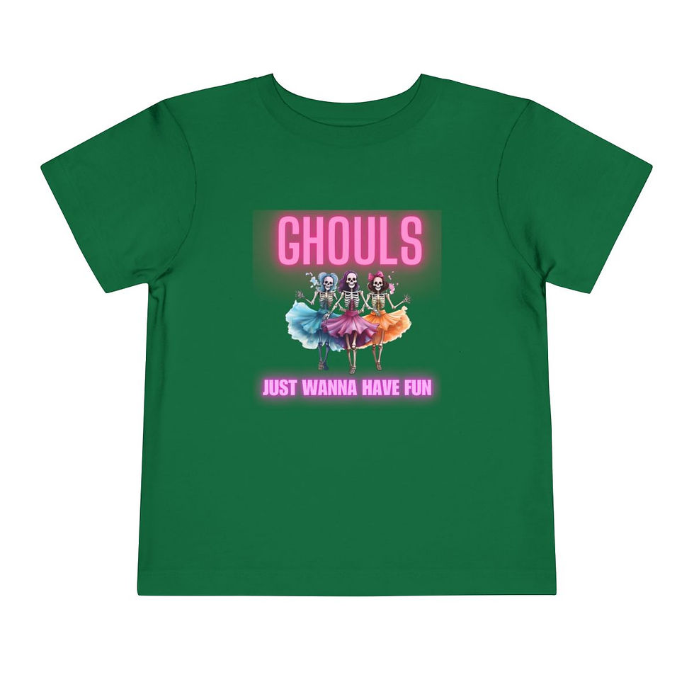 Thumbnail: Kelly Green Ghouls Just Wanna Have Fun Toddler Short Sleeve Halloween Tee/ T-shirt/ Shirt Neon Font w/ Dancing Ghouls