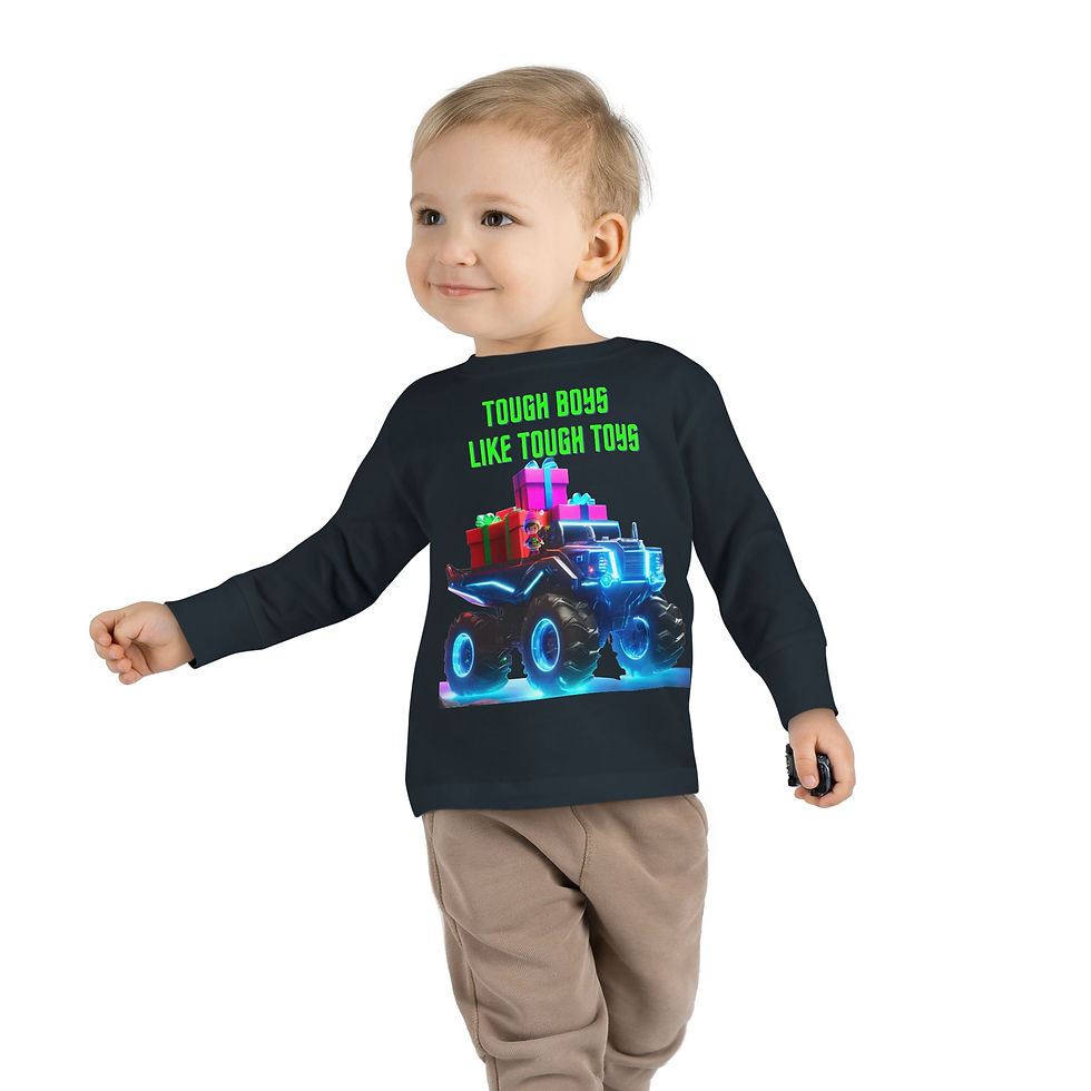 Tough Boys Like Tough Toys Monster Truck w/Elf Toddler Long Sleeve Christmas Tee
