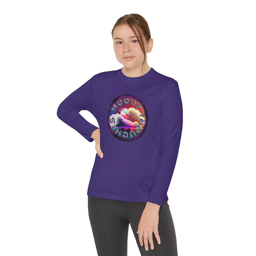 Thumbnail: Purple Moody Thoughts Purple Galaxy Youth Kid's Unsex Long Sleeve Shirt/ Tee Features Storm Clouds w/ Purple Galaxy Fire Ring