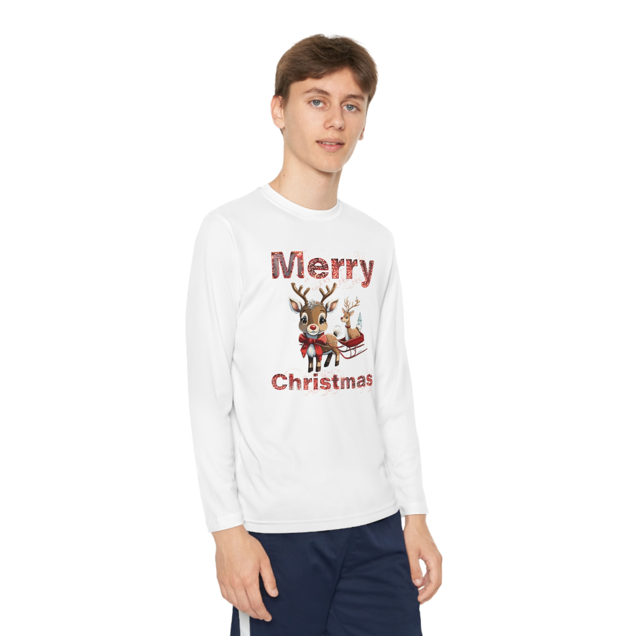White Merry Christmas Reindeer Youth Kids Unisex Long Sleeve Tee Features Reindeer Pulling a Sleigh and Riding In It