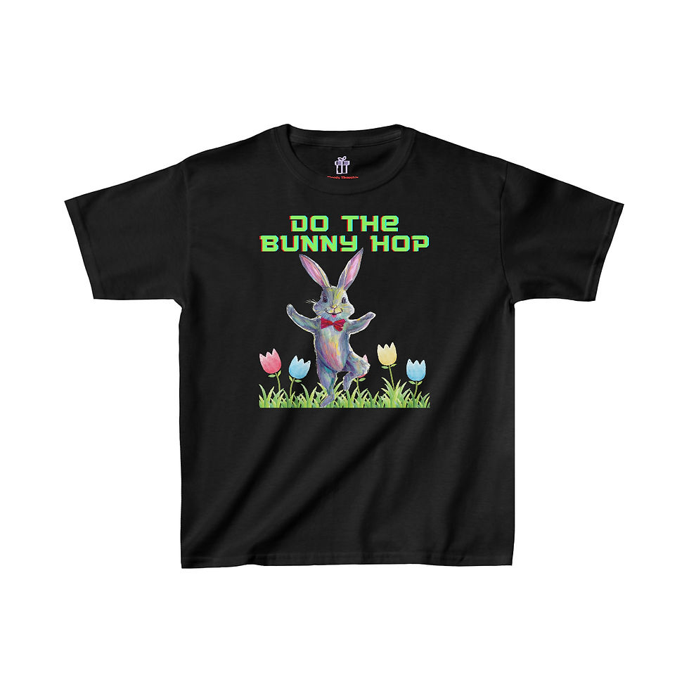 Thumbnail: Black Do the Bunny Hop Easter Bunny Youth Kid's Short Sleeve Shirt/ T-shirt/ Tee Features Bunny Dancing in a Field of Tulips