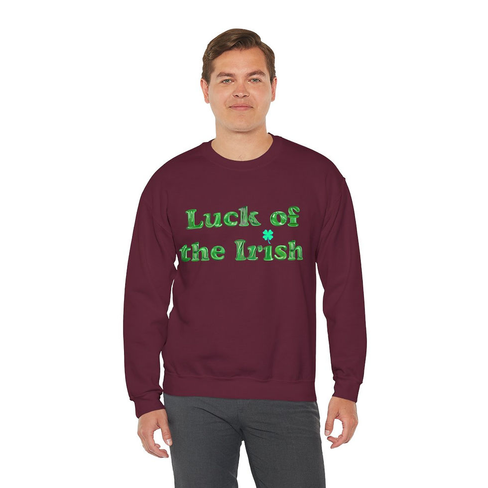 Thumbnail: Maroon Luck of the Irish 2 Adult Sweatshirt has Wide Green Letters and a Blue & Green Shamrock Dotting the i.