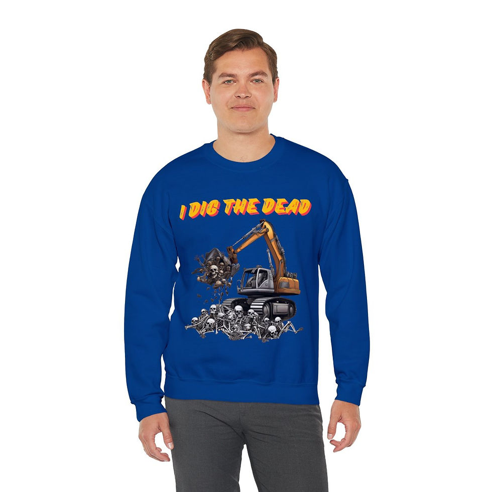 Thumbnail: Royal Blue  I Dig The Dead Adult Unisex Crewneck Halloween Sweatshirt Features an Excavator Digging Skeletons
