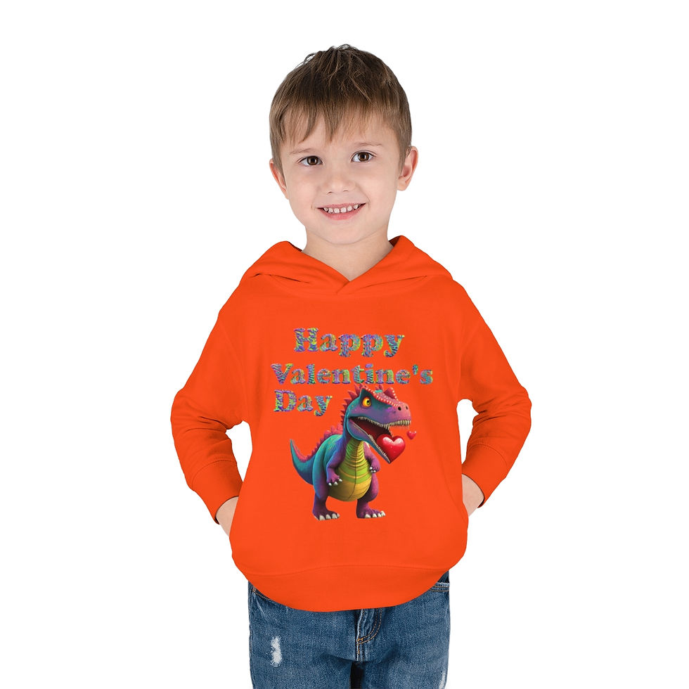Thumbnail: Orange Happy Valentine's Day Dinosaur Toddler Unisex Hoodie has a neon dinosaur with a heart in his mouth.