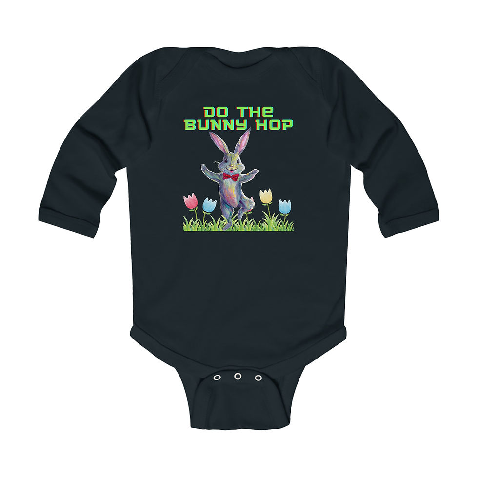 Thumbnail: Black Do the Bunny Hop Easter Bunny Infant Baby Long Sleeve Onesie Features Bunny Dancing in a Field of Tulips w/Green Font