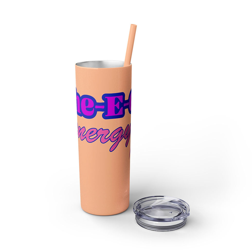 Thumbnail: Glitter Blush Peach with Lid She-E-O energy Purple & Pink Fonts Skinny Tumbler with Straw 20oz has Lightning Bolt Graphic