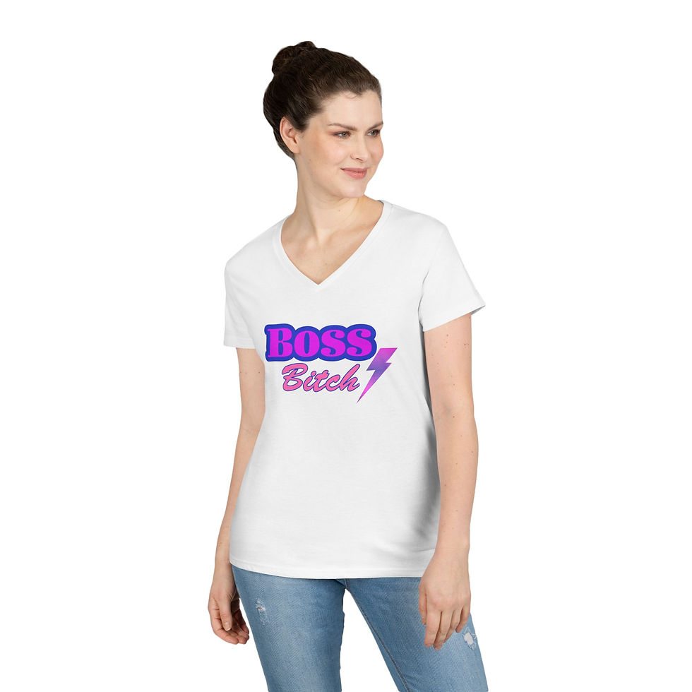 Thumbnail: White Boss Bitch Purple Ladies' V-Neck T-Shirt/ Tee/ Shirt with Purple and Pink Fonts & Lightning Bolt Graphic