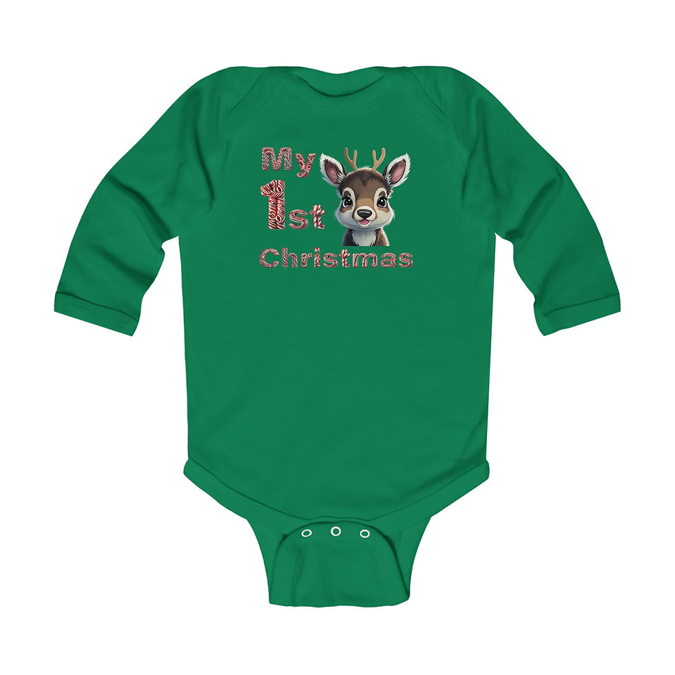 Thumbnail: Kelly Green My 1st Christmas Reindeer Infant Baby Bodysuit/ Onesie Features a Baby Reindeer with our Red Candy Cane Font