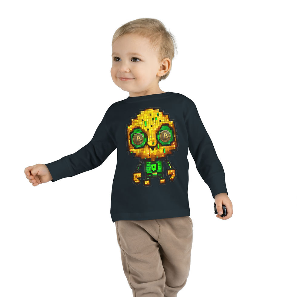 Thumbnail: Black BTC Bot (Bitcoin Bot) Toddler Unisex Long Sleeve Shirt/ Tee/ T-shirt Features BTC Robot with BTC Coin Eyes