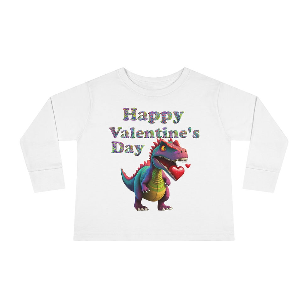 Thumbnail: White Happy Valentine's Day Dinosaur Toddler Unisex Shirt/ Tee/ T-shirt has a neon dinosaur with a heart in his mouth.