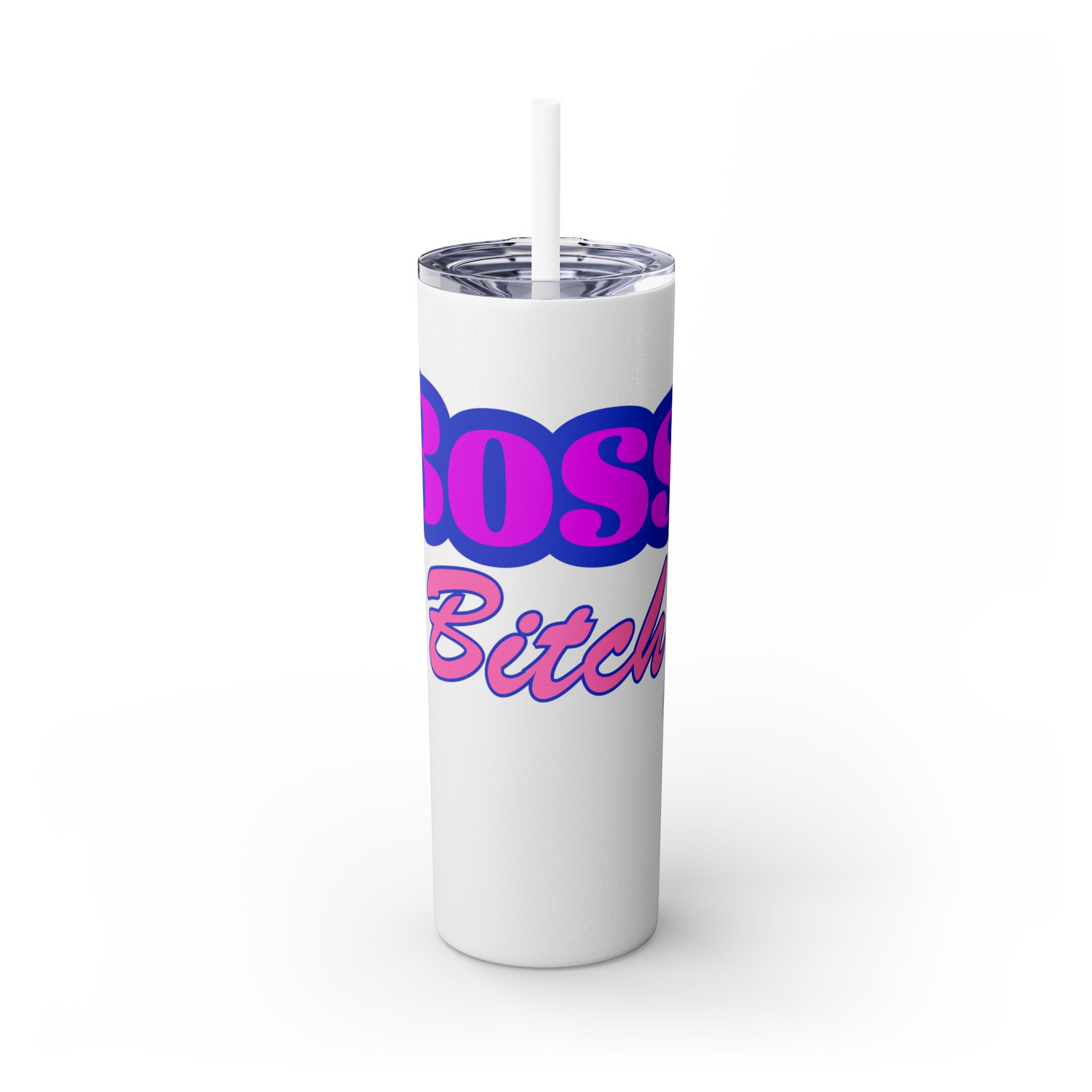 Glitter Moonrock White Boss Bitch Purple / Pink Fonts Skinny Tumbler with Straw 20oz with Lightning Bolt Graphic